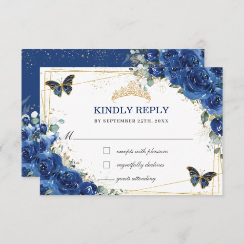Royal Blue Floral Quinceaera Butterflies Reply  RSVP Card
