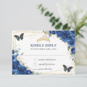 Royal Blue Floral Quinceañera Butterflies Reply  RSVP Card (Standing Front)