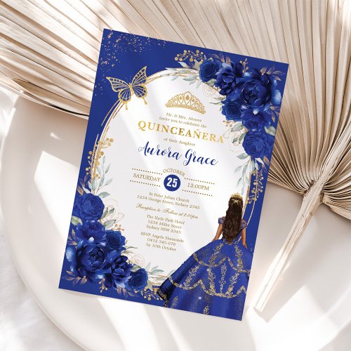 Royal Blue Floral Quinceaera Butterfly Mis Quince Invitation