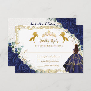 Royal Blue Floral Quinceañera Charro Gold Horses RSVP Card