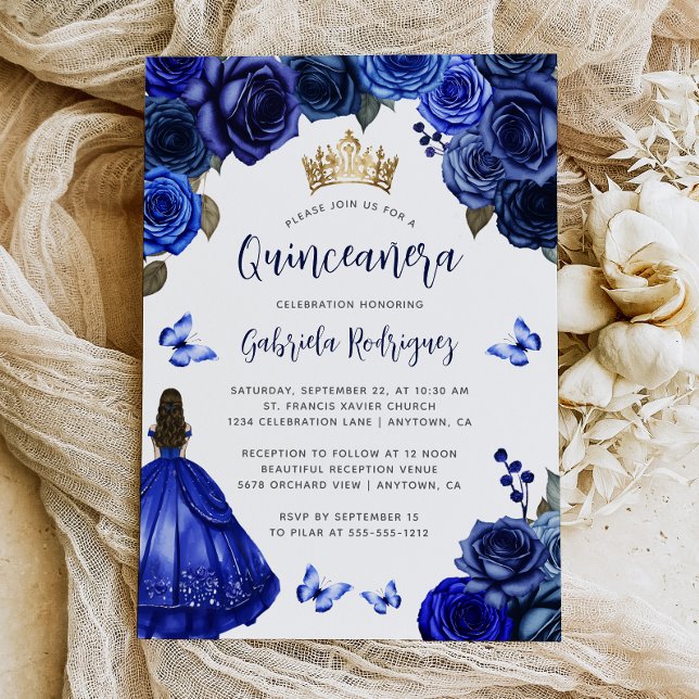 Royal Blue Floral Quinceañera Invitation (Creator Uploaded)
