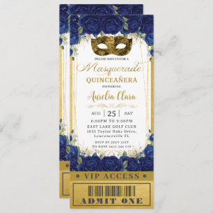 Royal Blue Floral Quinceañera Masquerade Ticket Invitation