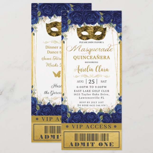 Royal Blue Floral Quinceañera Masquerade Ticket Invitation (Front/Back)