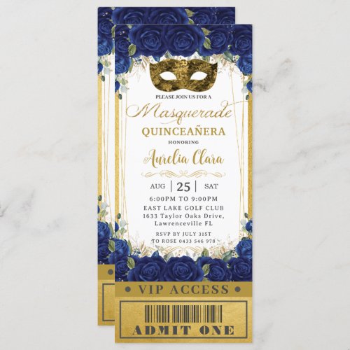 Royal Blue Floral Quinceaera Masquerade Ticket Invitation