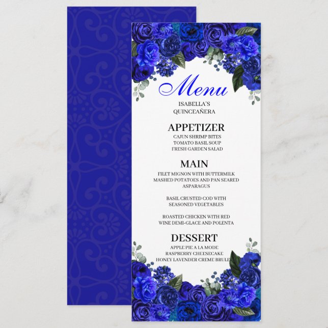 Royal Blue Floral Quinceanera Menu Invitation (Front/Back)