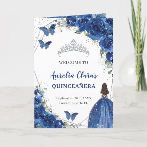 Royal Blue Floral Quinceaera Order of Events Prog Program