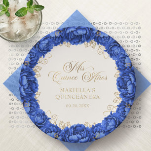 Royal Blue Floral Quinceanera Paper Plates