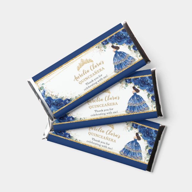 Royal Blue Floral Quinceañera Party Princess Crown Hershey Bar Favors (Front)