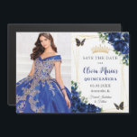 Royal Blue Floral Quinceañera Photo Save the Date Magnetic Invitation<br><div class="desc">Personalize this pretty royal blue floral Quinceañera / Sweet 16 birthday picture / photo save the date magnetic card easily and quickly. Simply click the customize it further button to edit the texts, change fonts and fonts colors. Featuring vibrant royal blue flowers, butterflies and gold accents. The butterflies and crown...</div>