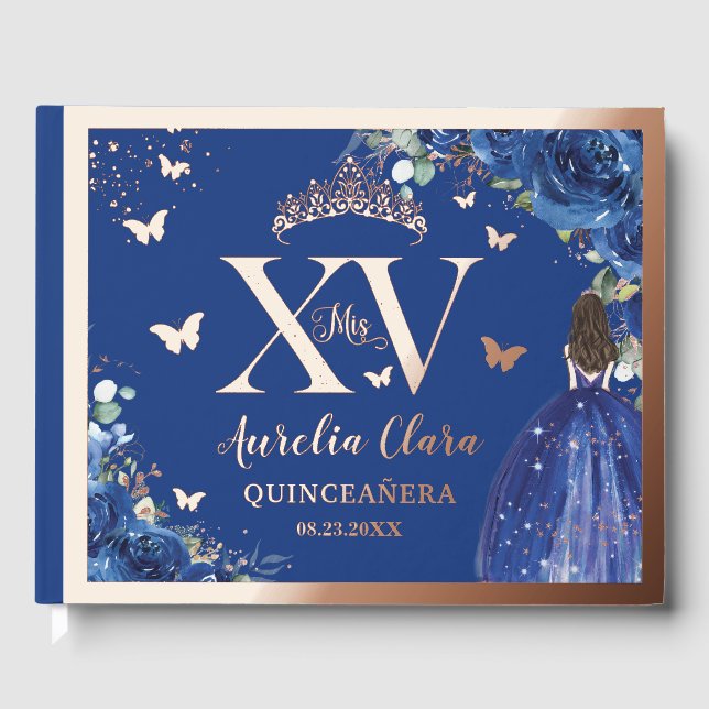 Royal Blue Floral Quinceañera Quince 15 Rose Gold  Foil Guest Book (Front)