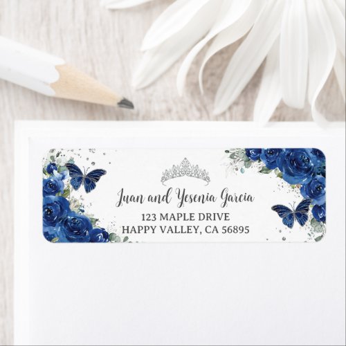 Royal Blue Floral Quinceanera Return Address Label