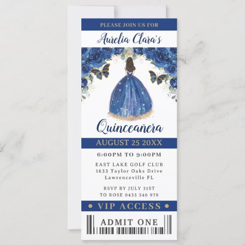 Royal Blue Floral Quinceaera Sweet 16 VIP Ticket Invitation