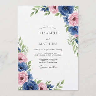 Royal Blue Floral Romance Wedding Invitation
