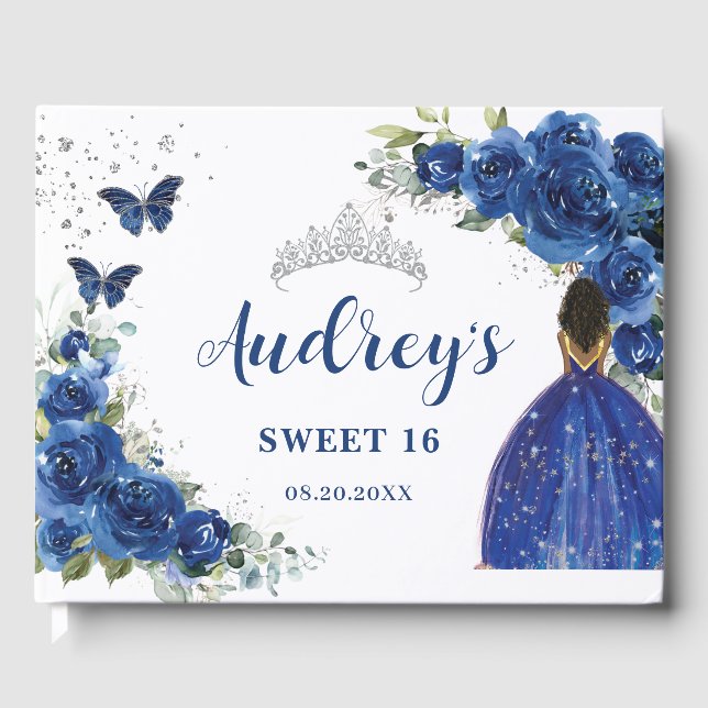 Royal Blue Floral Rose Brown Princess Birthday Guest Book (Front)