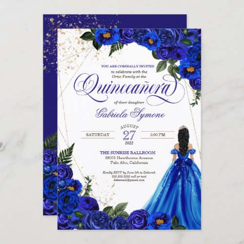 Royal Blue Floral Rose  Gold Elegant Quinceaera Invitation
