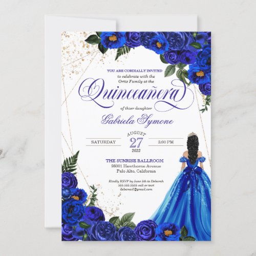 Royal Blue Floral Rose  Gold Elegant Quinceaera  Invitation