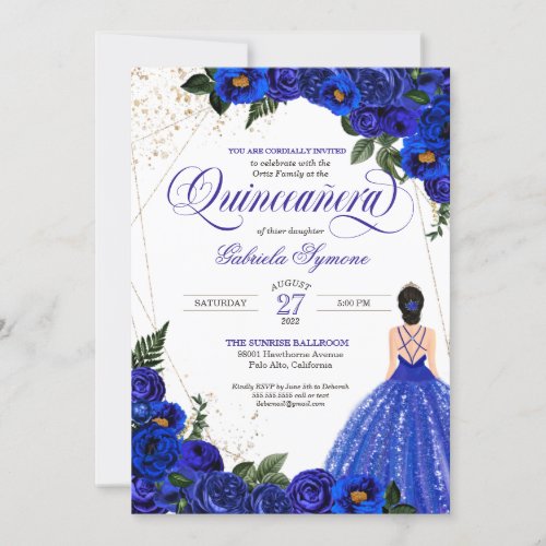 Royal Blue Floral Rose  Gold Elegant Quinceaera  Invitation