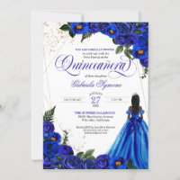 Royal Blue Floral Rose & Gold Elegant Quinceañera