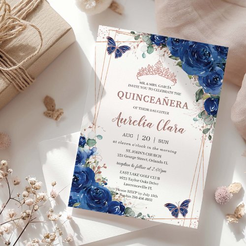 Royal Blue Floral Rose Gold Quincea&#241;era Birthday Invitation