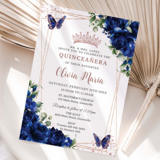 Royal Blue Floral Rose Gold Quinceañera Butterfly Invitation (Creator Uploaded)