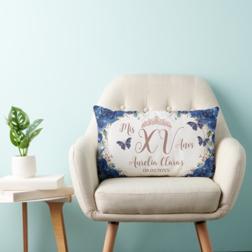 Royal Blue Floral Rose Gold Quinceañera Kneeling Lumbar Pillow