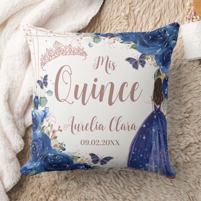 Royal Blue Floral Rose Gold Quinceanera Princess Throw Pillow (Blanket)
