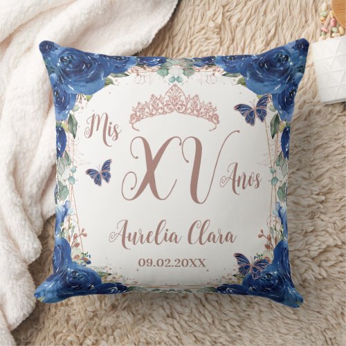 Royal Blue Floral Rose Gold Quinceañera XV Años Throw Pillow