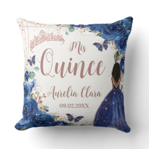 Royal Blue Floral Rose Gold Quinceanera XV Throw Pillow