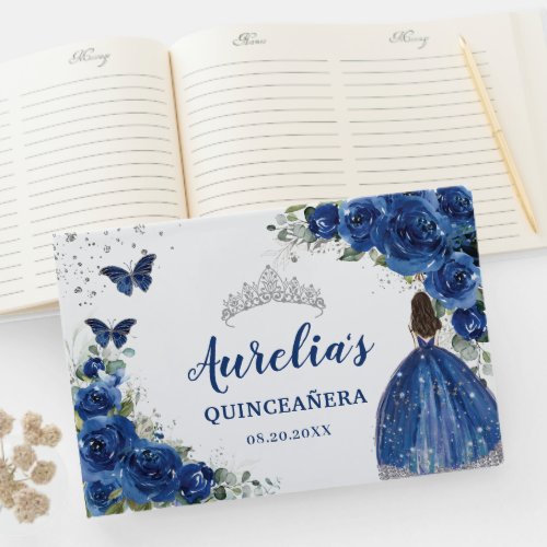 Royal Blue Floral Rose Princess Silver Quinceaera Guest Book