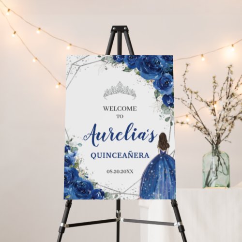  Royal Blue Floral Rose Silver Quinceaera Welcome Foam Board