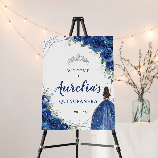  Royal Blue Floral Rose Silver Quinceañera Welcome Foam Board (In Situ (Stand))