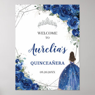 Royal Blue Floral Rose Silver Quinceañera Welcome Poster