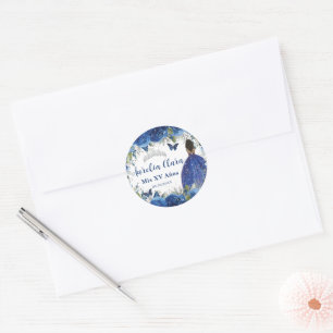Royal Blue Floral Roses Brown Princess Silver XV Classic Round Sticker