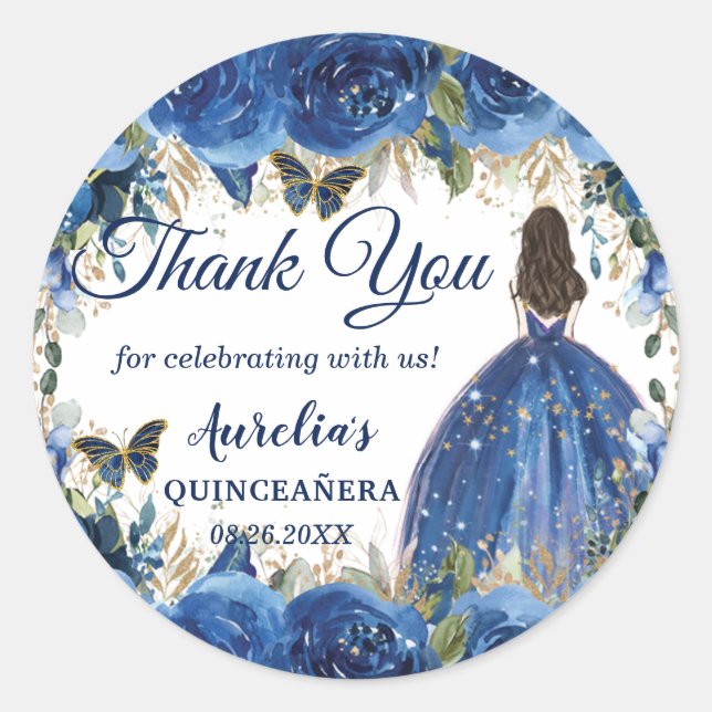 Royal Blue Floral Roses Butterflies Princess Favor Classic Round Sticker (Front)
