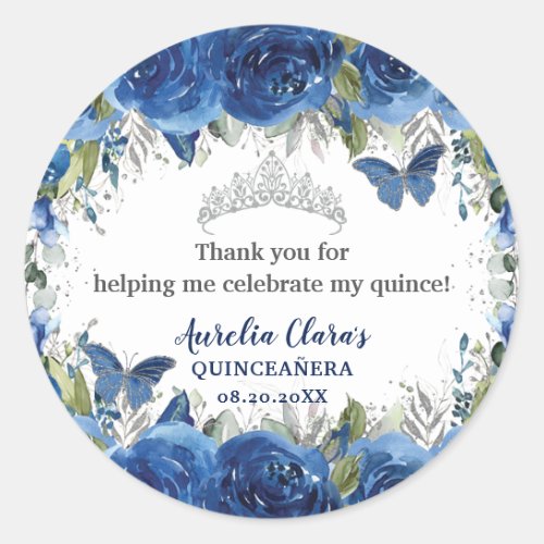 Royal Blue Floral Roses Butterflies Silver Crown Classic Round Sticker