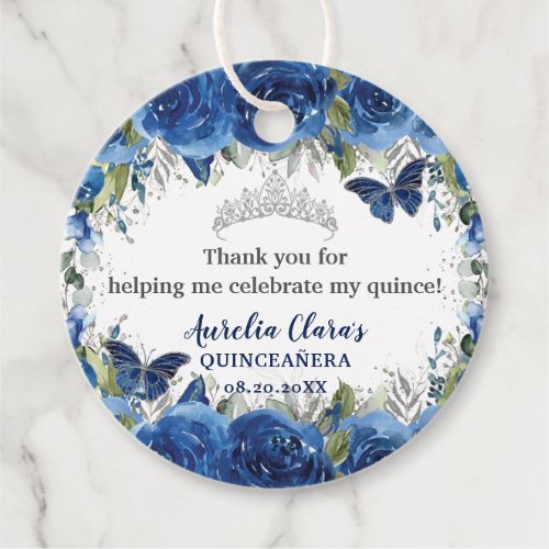 Royal Blue Floral Roses Butterflies Silver Crown Favor Tags