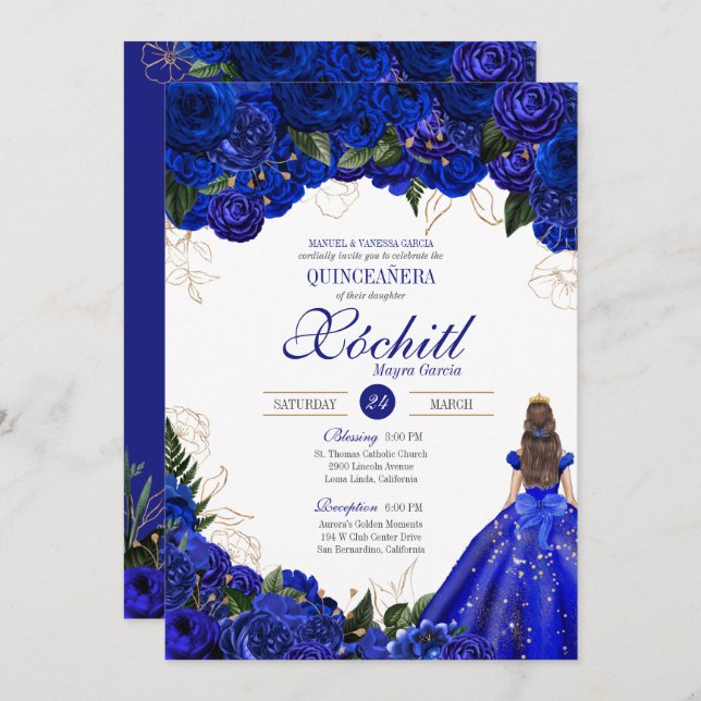 Royal Blue Floral Roses Elegant Quinceañera Invitation (Front/Back)