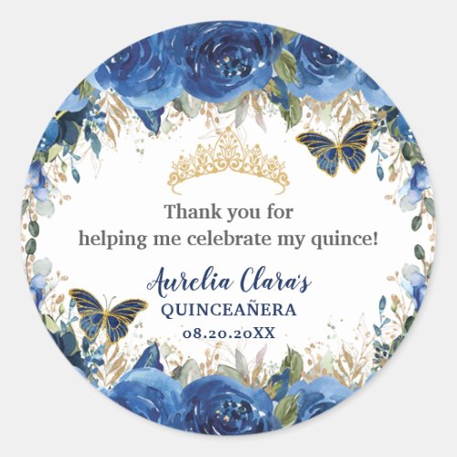 Royal Blue Floral Roses Gold Butterflies Crown Classic Round Sticker