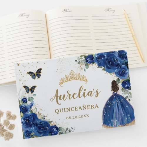 Royal Blue Floral Roses Princess Gold Quinceaera Guest Book