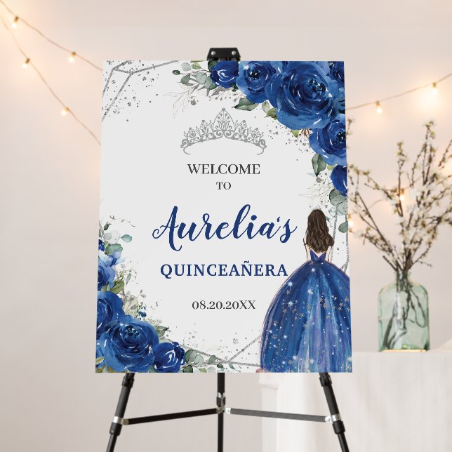 Royal Blue Floral Roses Silver Quinceañera Welcome Foam Board (In Situ (Stand))