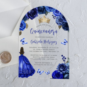 Royal Blue Floral Roses Watercolor Quinceañera Acrylic Invitations