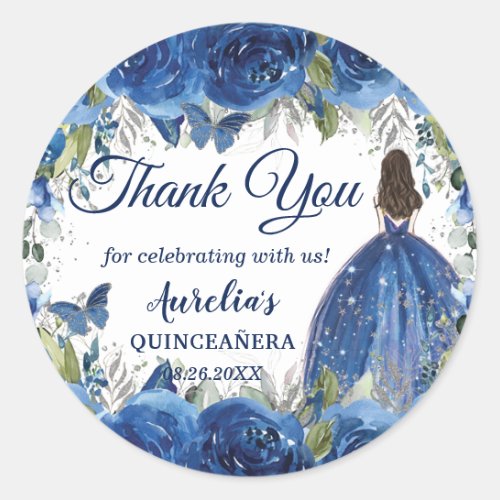 Royal Blue Floral Silver Butterfly Princess Favor Classic Round Sticker