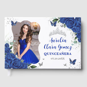 Royal Blue Floral Silver QUINCEAÑERA 15 Photograph Guest Book