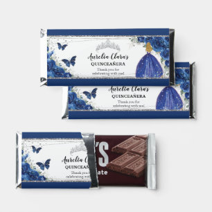 Royal Blue Floral Silver Quinceañera Blonde Girl Hershey Bar Favors