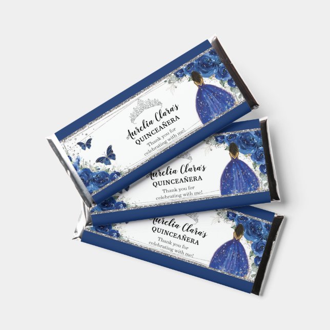 Royal Blue Floral Silver Quinceañera Brown Girl Hershey Bar Favors (Front)