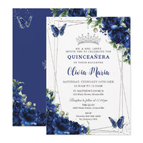 Royal Blue Floral Silver Quinceañera Butterflies Invitation