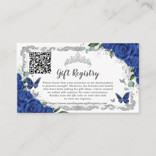 Royal Blue Floral Silver Quinceaera Gift Registry Enclosure Card