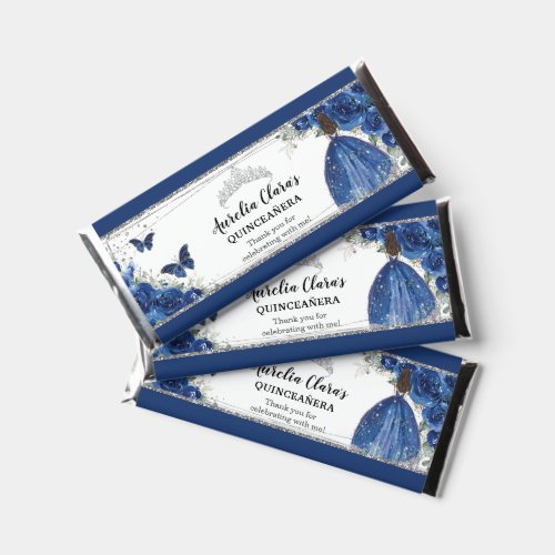 Royal Blue Floral Silver Quinceaera Princess Gown Hershey Bar Favors