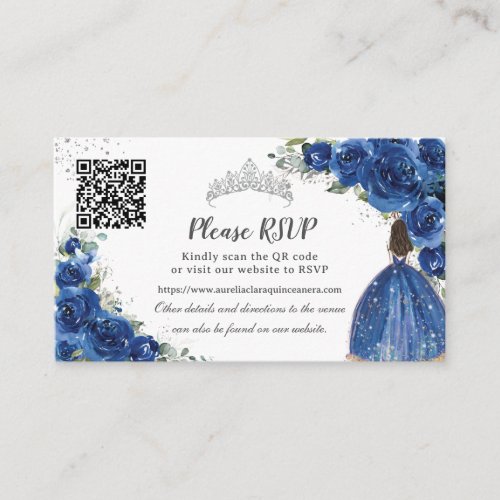 Royal Blue Floral Silver Quinceaera QR Code Enclosure Card
