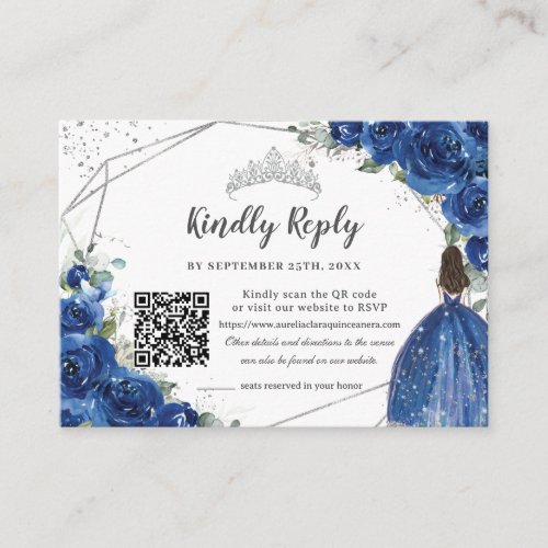 Royal Blue Floral Silver Quinceañera QR Code RSVP